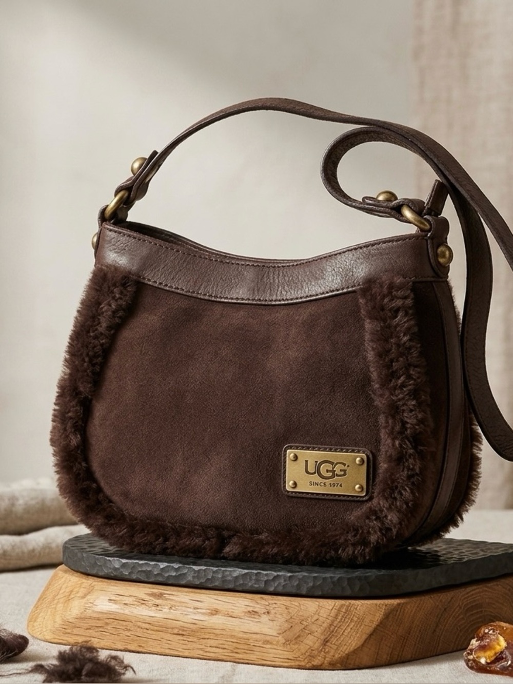 LMT: UGG Australia Suede Leather Shearling Classic Bailey Handbag in Dark Brown